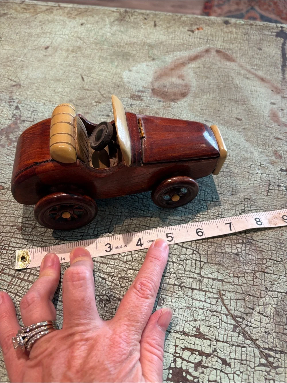 Vintage Wooden Roadster Car Trinket Box Hinged Hood Handcrafted 8” Decor